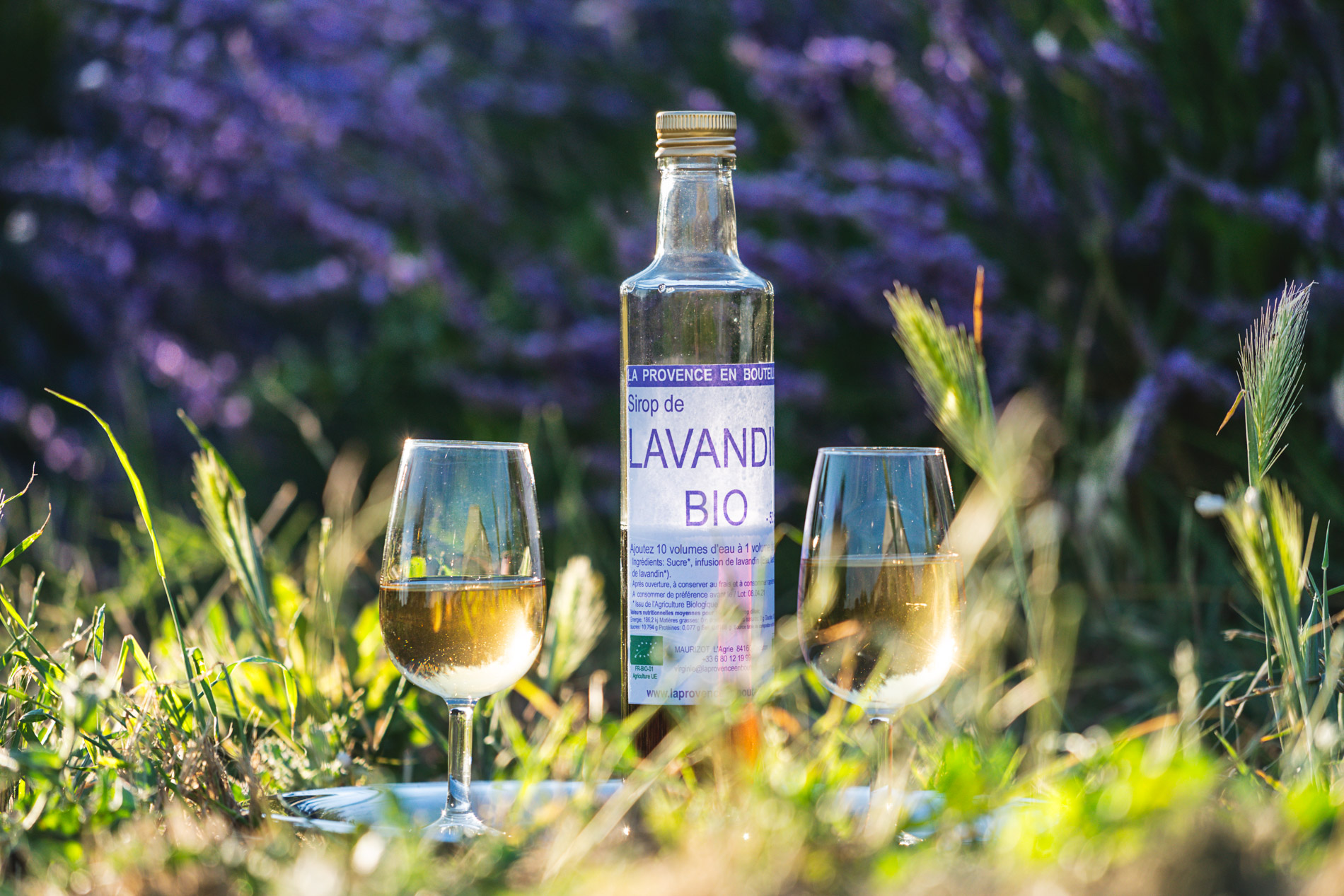 Bouteille de sirop de lavande bio de La Provence en Bouteille, avec deux verres dans un champ de lavande en fleurs à Cucuron