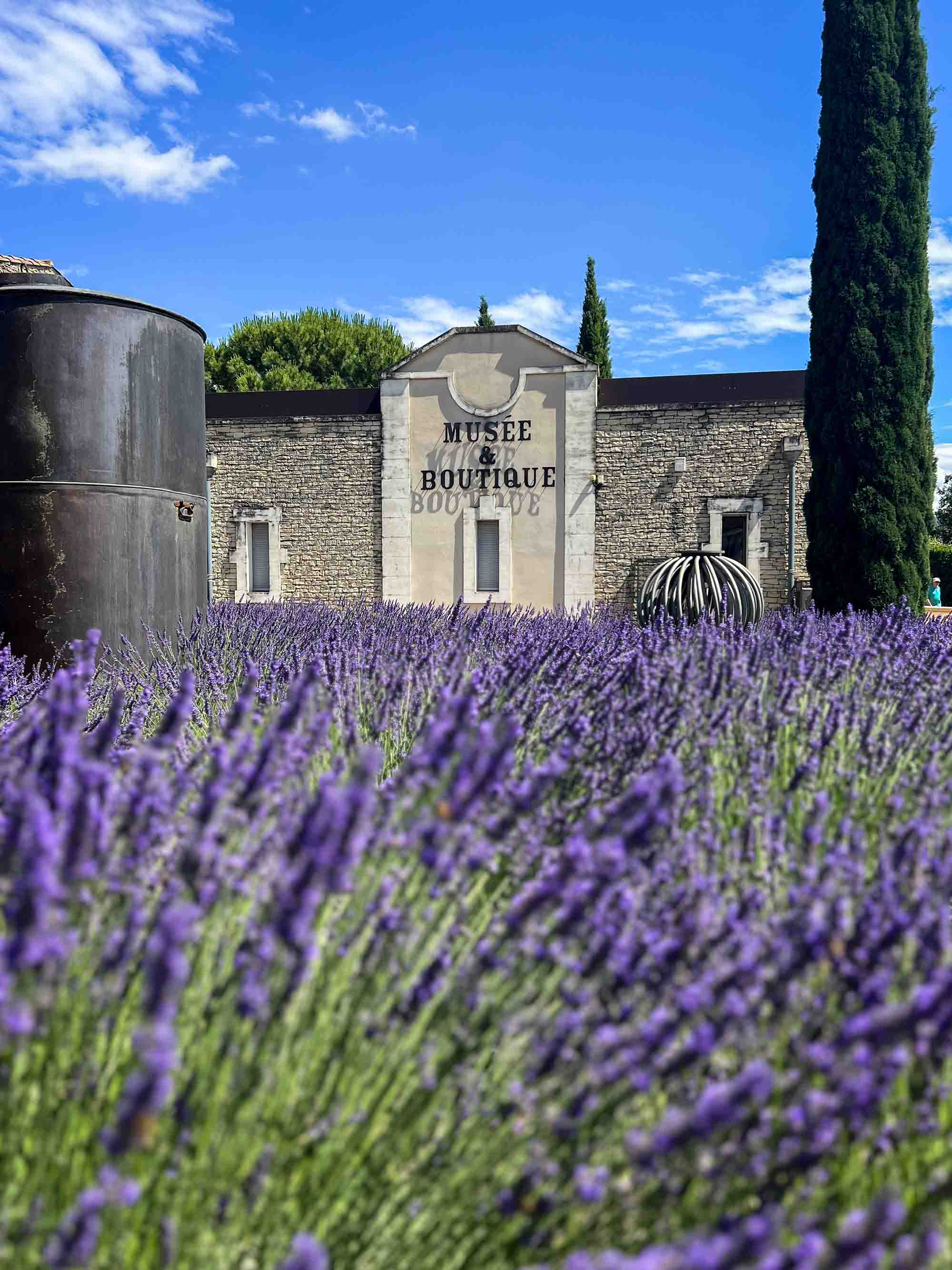 Façade en pierre du Musée de la Lavande et son champ fleuri à l’entrée