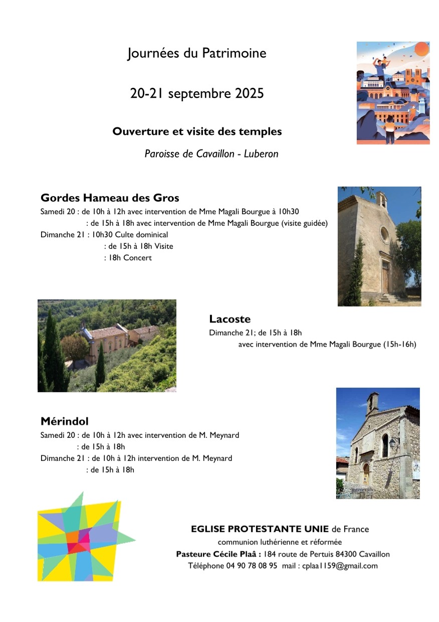 Journées du Patrimoine 2025 - Visite des temples de la paroisse Cavaillon-Luberon Affiche Journées du Patrimoine 2025 - ouverture et visite des temples de la paroisse Cavaillon-Luberon à Gordes, Mérindol et Lacoste