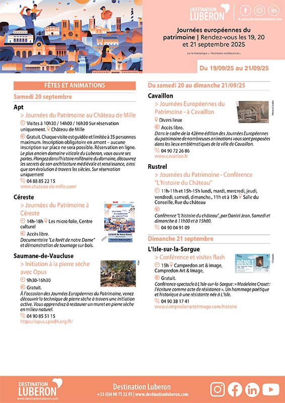 Programme des Journées Européennes du Patrimoine 2025 en Luberon et Pays des Sorgues