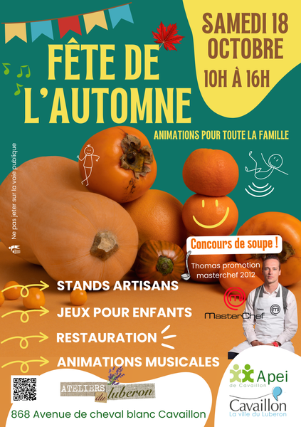 Affiche de la Fête de l’Automne à Cavaillon le 18 octobre 2025 avec stands d’artisans, jeux pour enfants, concours de soupe et animations musicales.