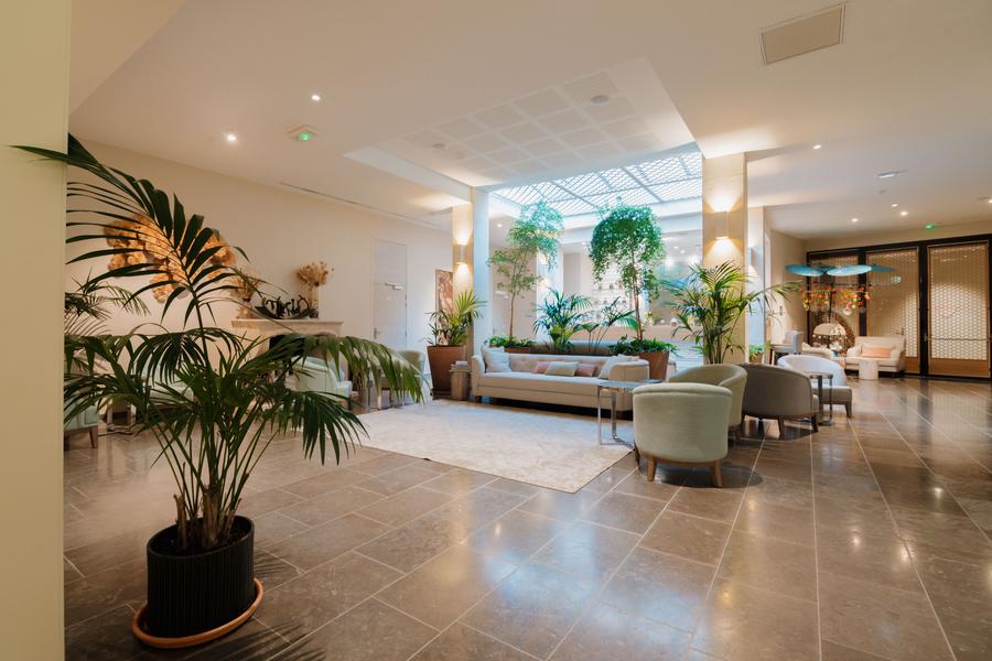 Espace détente du Spa Coquillade Provence avec salon lumineux et plantes, dans le Luberon