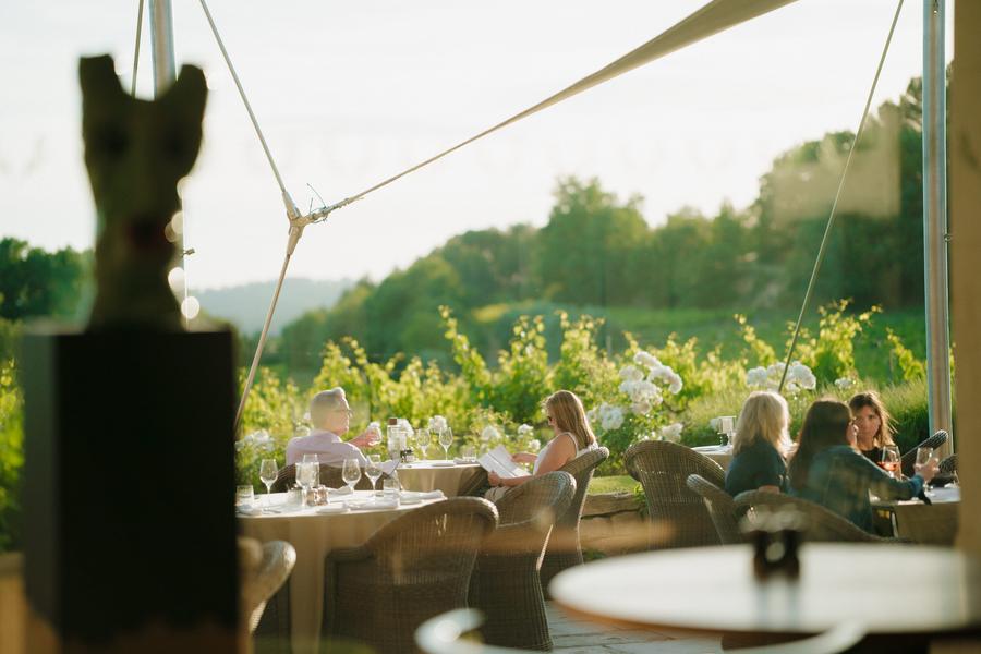 Terrasse du restaurant Les Vignes & Son Jardin face au vignoble du Luberon à Coquillade Provence
