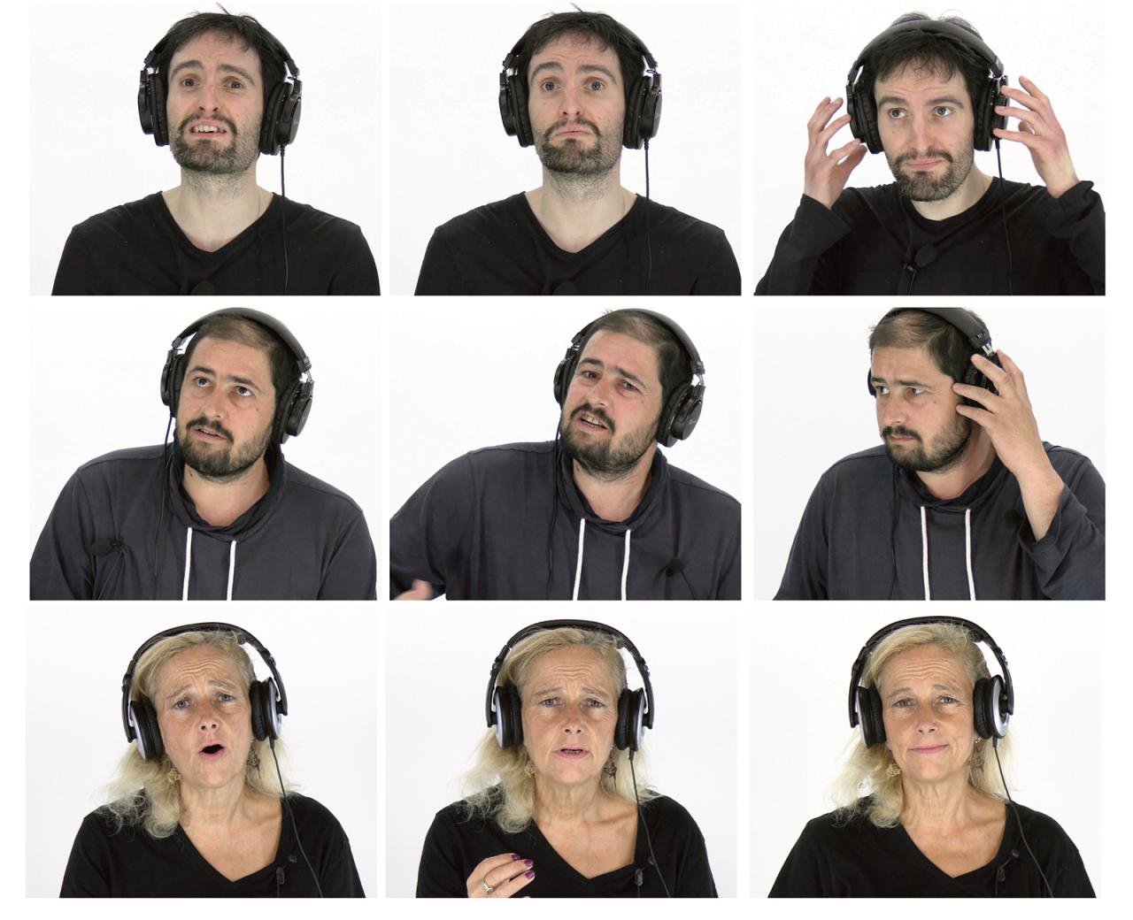 Actrices et acteurs de la compagnie La Bulle Bleue portant un casque, illustrant une causerie théâtrale entre théâtre et cinéma