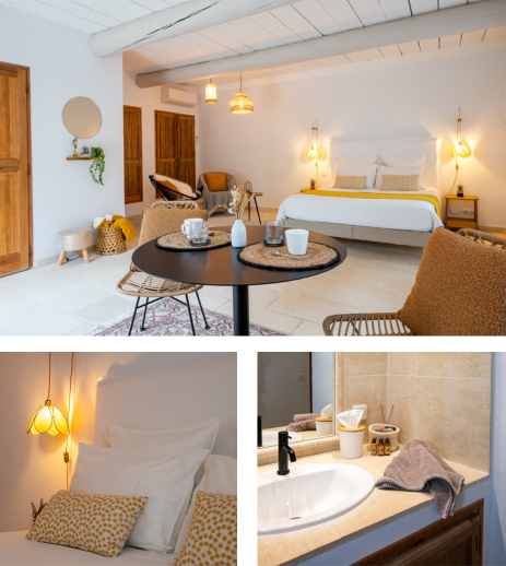 Suite Amande Douce, chambre d’hôtes romantique avec lit double, coin repas et salle d’eau, face au Luberon