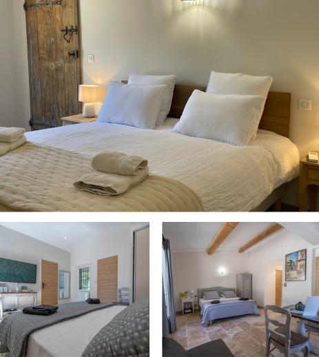 Chambre du Mas la Chêneraie à Lourmarin, maison d’hôtes au calme avec vue sur le jardin et les chênes