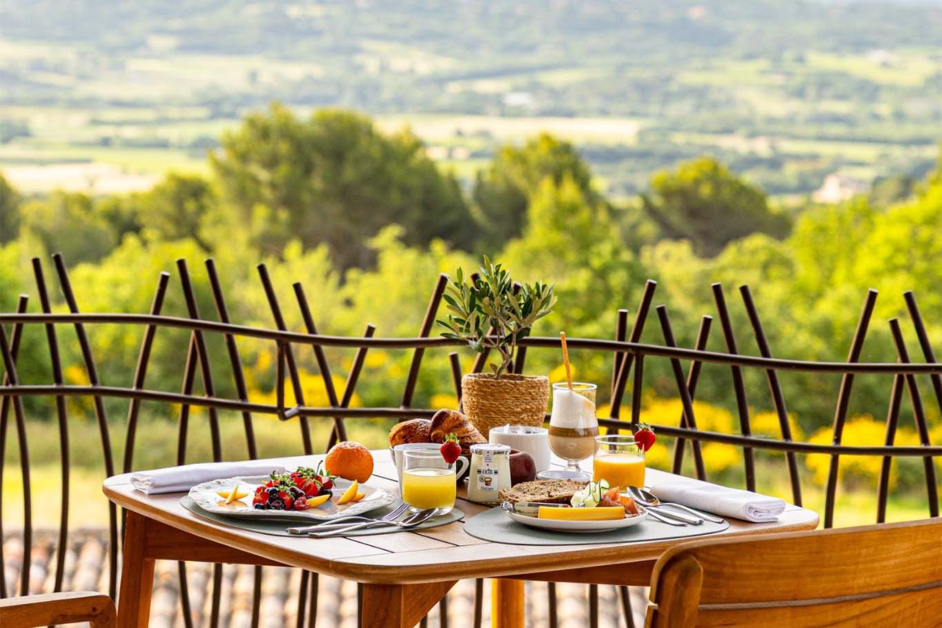 Petit-déjeuner face à la vallée du Luberon au Mas des Herbes Blanches à Joucas