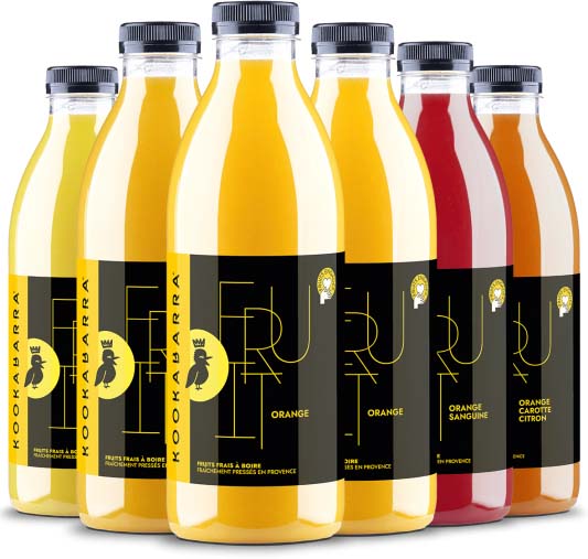 Gamme de jus de fruits frais Kookabarra en bouteilles
