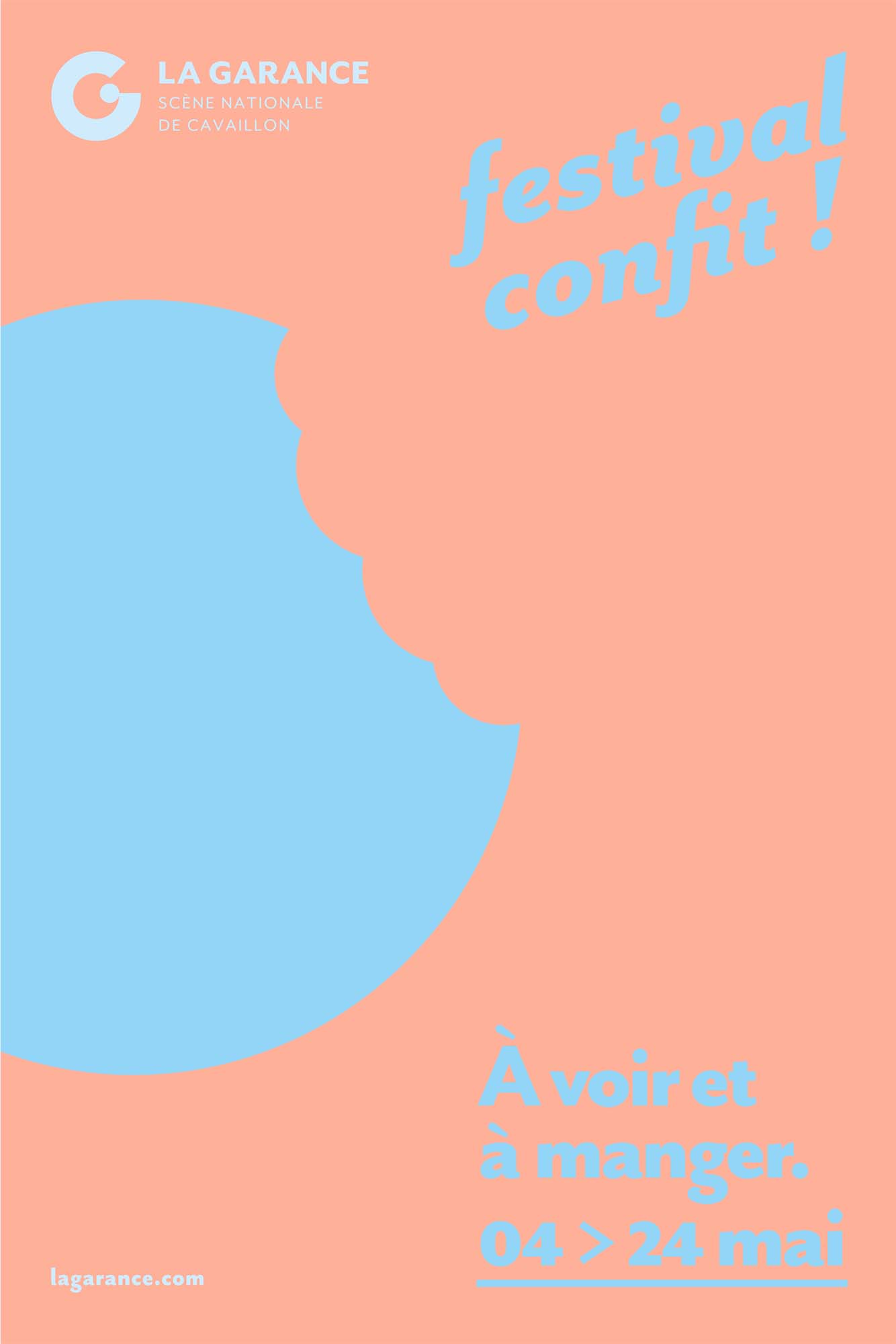 Affiche du festival Confit ! à La Garance, scène nationale de Cavaillon, du 4 au 24 mai. À voir et à manger.