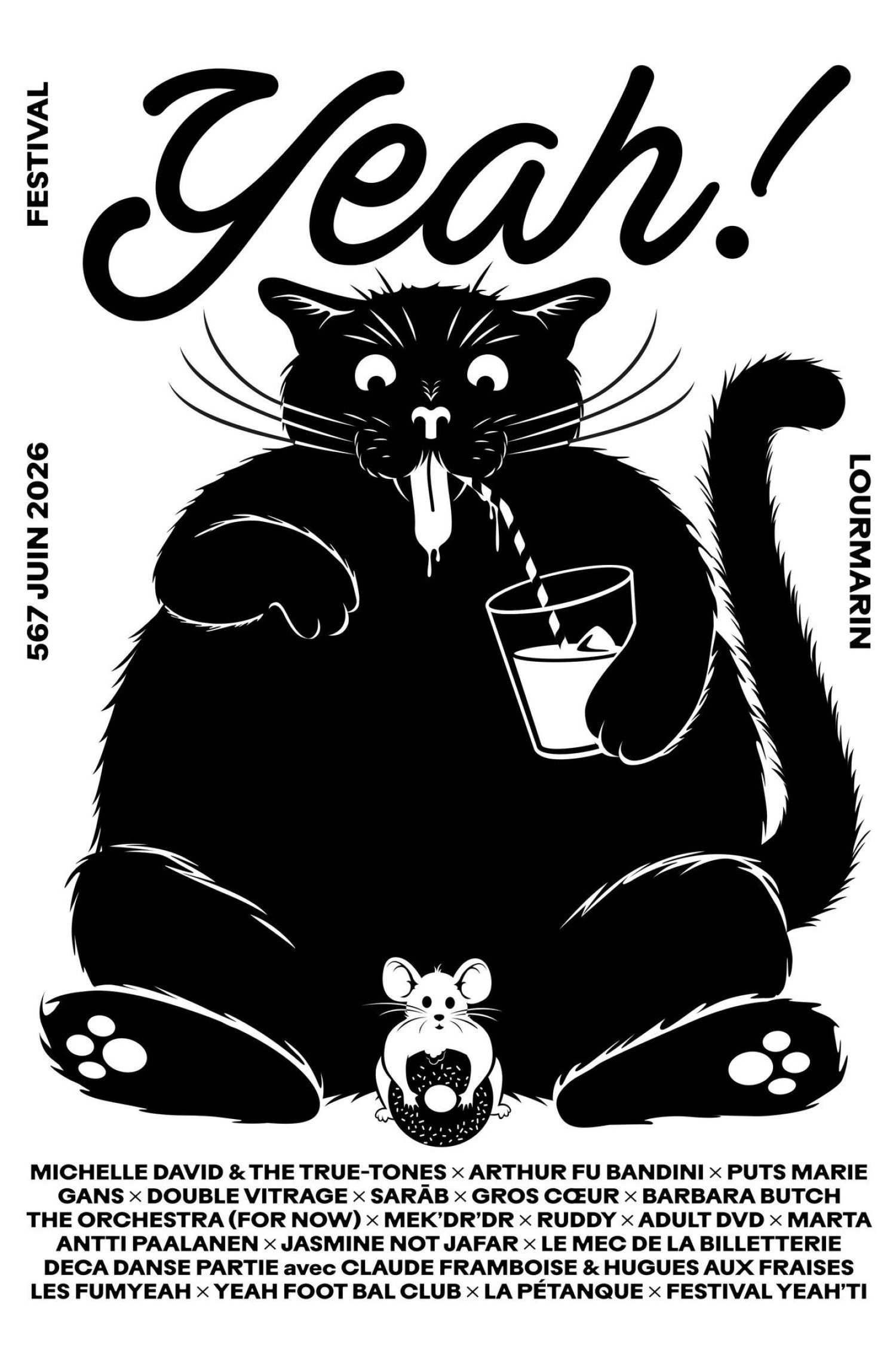 Affiche officielle du Festival Yeah ! 2026 à Lourmarin Affiche du Festival Yeah ! 2026 à Lourmarin avec un chat noir illustré tenant un verre, du 5 au 7 juin au Château de Lourmarin