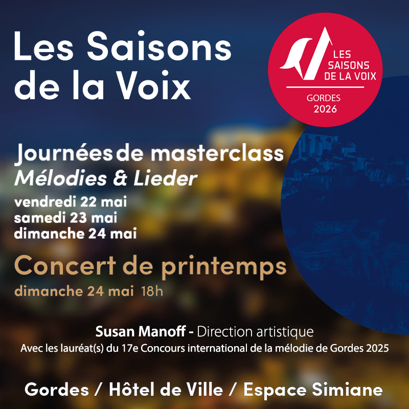 Affiche des Journées de masterclass Mélodies et Lieder des Saisons de la Voix 2026 à Gordes