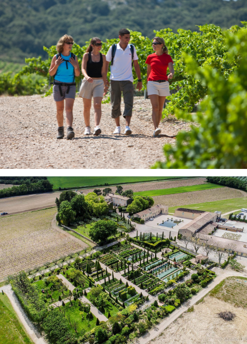 Participants en balade au cœur des vignobles et vue aérienne d’un domaine provençal dans le Luberon lors de Luberon en Tous Sens 2026