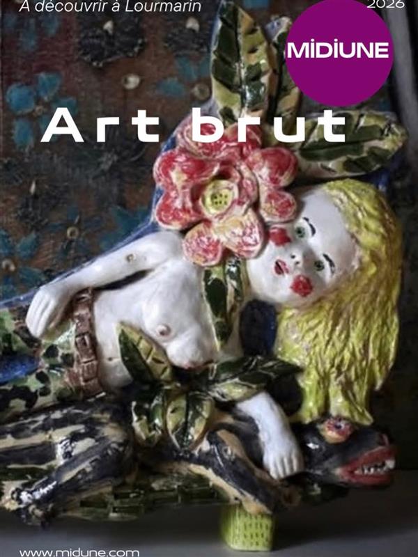 Affiche de l'exposition d'Art Brut de la Galerie Midiune à Lourmarin présentant une sculpture en céramique figurative et singulière.