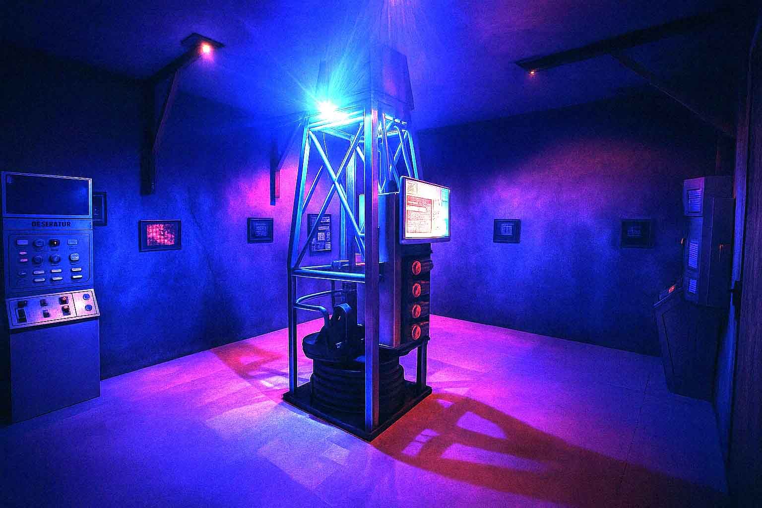 Décor immersif de l'Action Game Last Adventures aux Taillades avec éclairage néon bleu et violet et machinerie futuriste