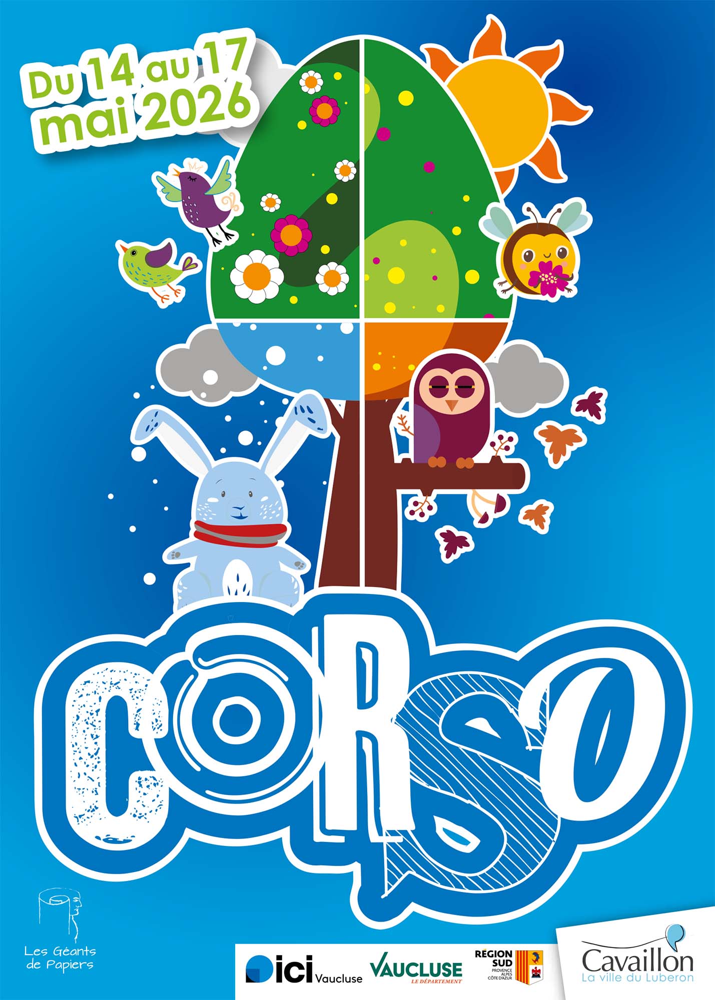 Affiche du Corso de Cavaillon 2025, du 28 mai au 1er juin, illustrée dans un style imaginaire et coloré avec des montgolfières, champignons géants, horloge et fusée