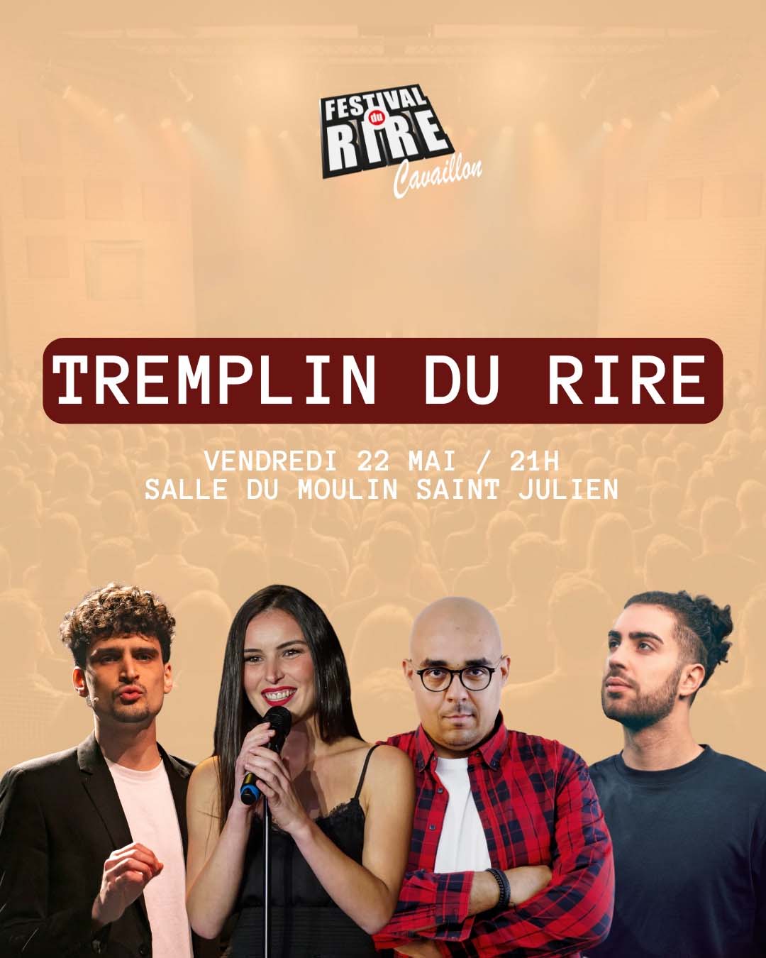 Affiche du Tremplin du Rire au Festival du Rire de Cavaillon 2026 avec quatre humoristes en scène