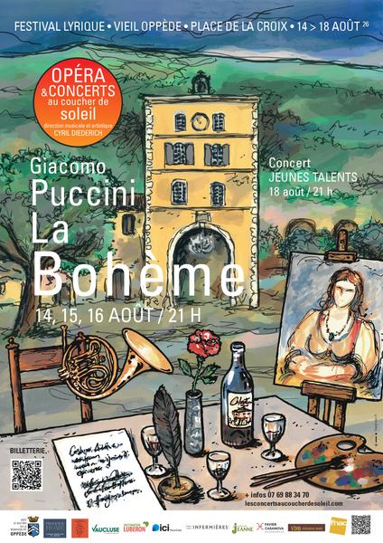 Affiche du festival lyrique Les Concerts au Coucher de Soleil 2026 à Oppède, avec La Bohème de Puccini et le concert Jeunes Talents