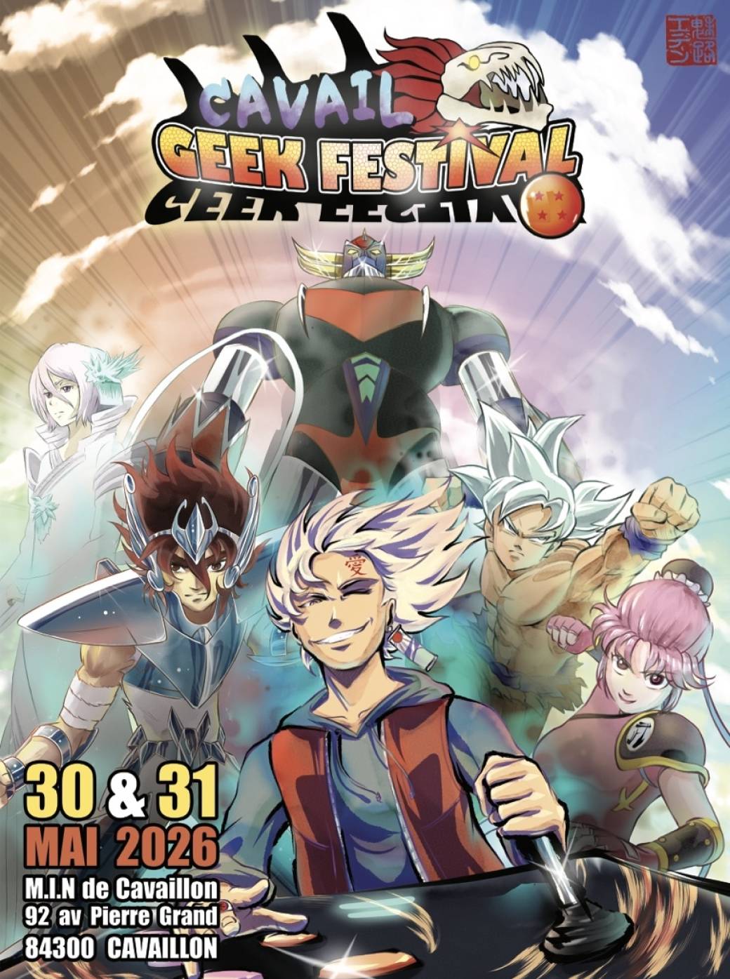 Cavail' Geek Festival 2026 à Cavaillon Affiche du Cavail' Geek Festival 2026 à Cavaillon avec des personnages inspirés de l'univers manga et animation japonaise