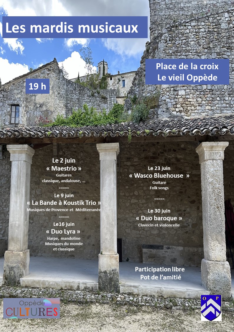 Les Mardis musicaux au Vieil Oppède Affiche des Mardis musicaux au Vieil Oppède, concerts en plein air place de la Croix