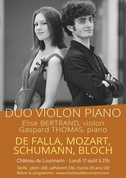 Affiche du duo violon piano avec Élise Bertrand et Gaspard Thomas au Château de Lourmarin