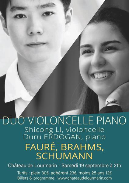 Affiche du duo violoncelle piano avec Shicong Li et Duru Erdoğan au Château de Lourmarin