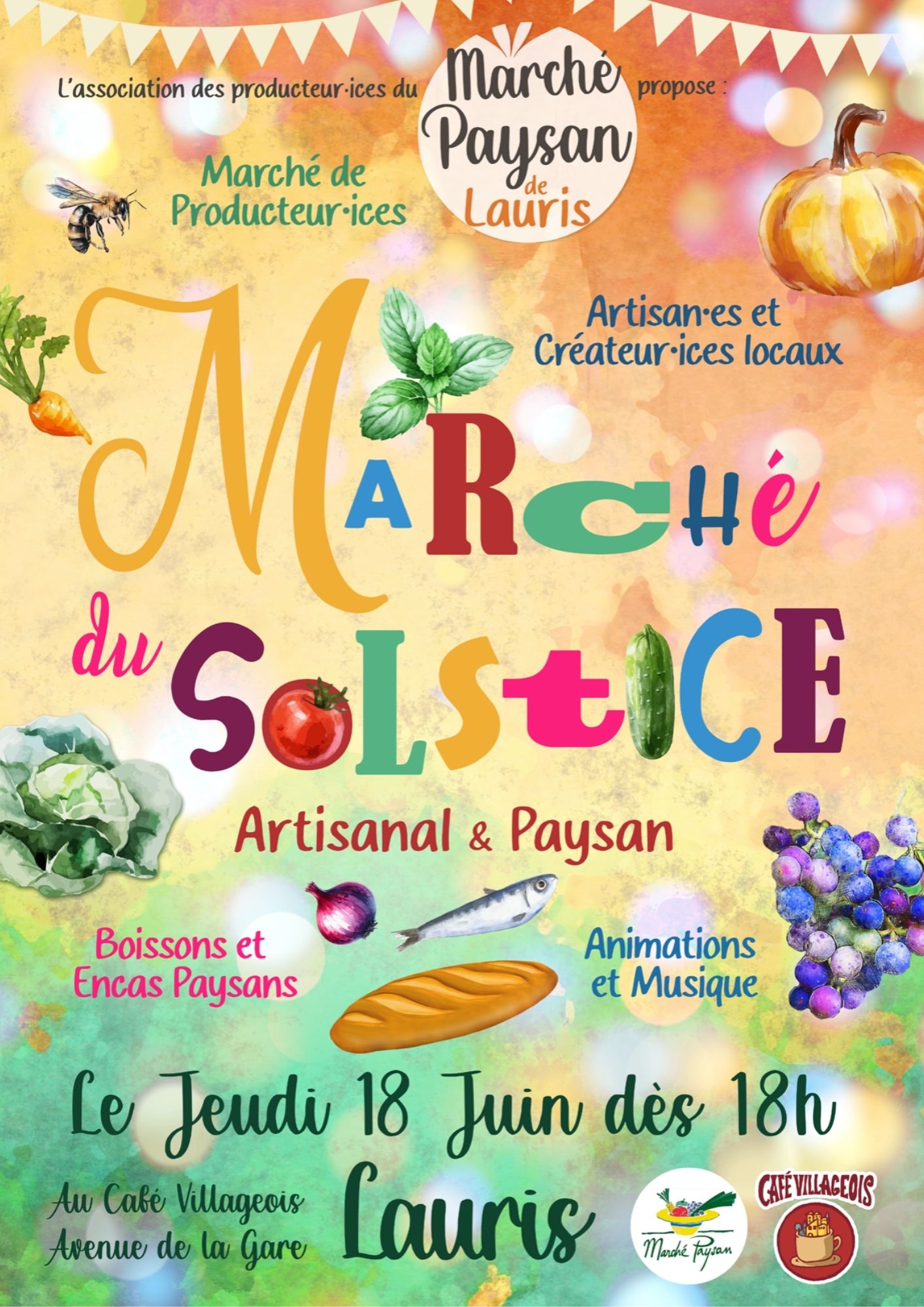 Affiche du Marché du solstice d’été à Lauris avec producteurs, artisans, animations et musique
