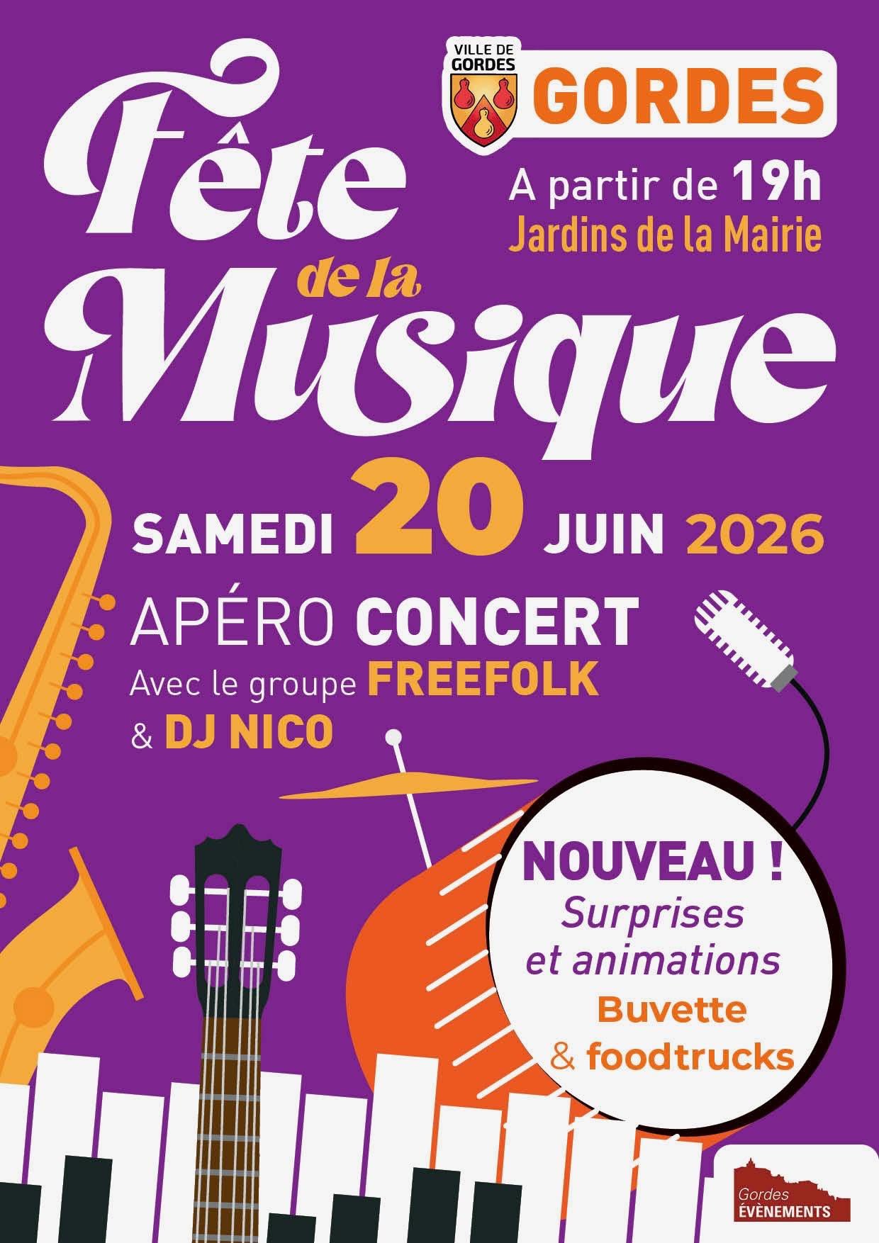 Fête de la Musique à Gordes avec Freefolk et DJ Nico Affiche de la Fête de la Musique à Gordes avec apéro concert, Freefolk et DJ Nico
