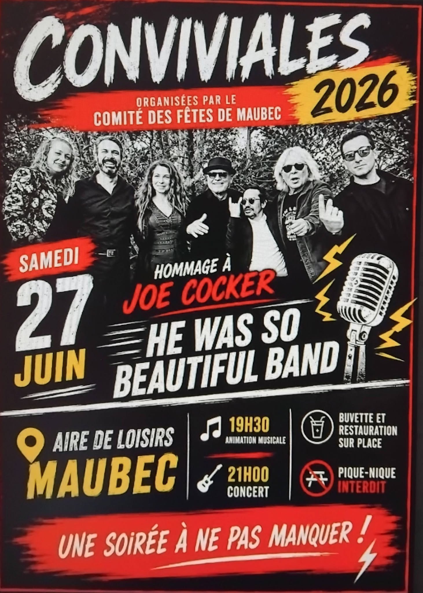 Hommage à Joe Cocker aux Conviviales de Maubec Affiche des Conviviales de Maubec 2026 avec un hommage à Joe Cocker par He Was So Beautiful Band
