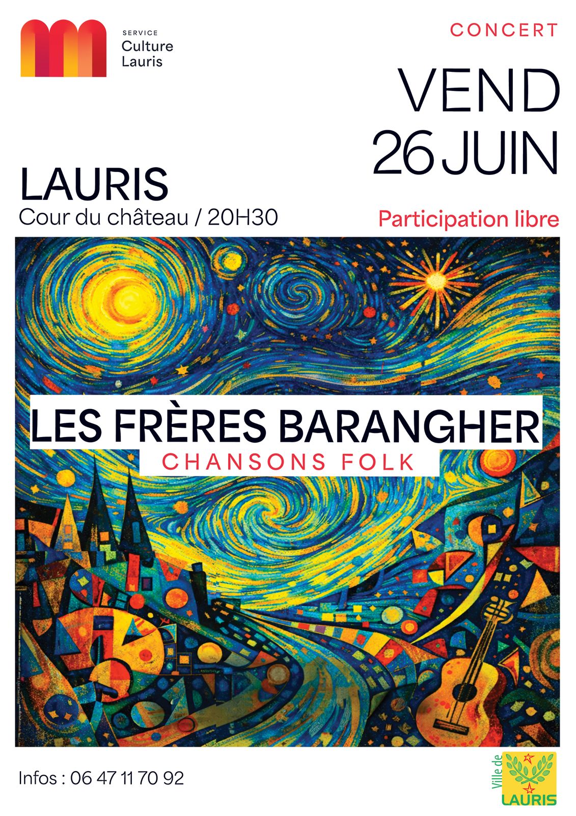 Concert folk avec Les Frères Barangher à Lauris Affiche du concert folk avec Les Frères Barangher dans la cour du Château de Lauris