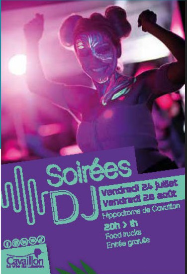 Soirées DJ à l’hippodrome de Cavaillon Affiche des Soirées DJ à l’hippodrome de Cavaillon avec musique électro et animations visuelles
