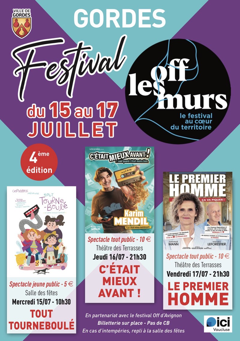 Affiche du Festival Off les Murs à Gordes avec le spectacle jeune public Tout Tourneboulé