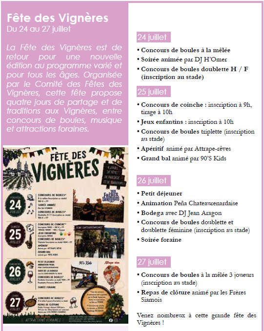 Affiche de la Fête des Vignères à Cavaillon avec programme des animations