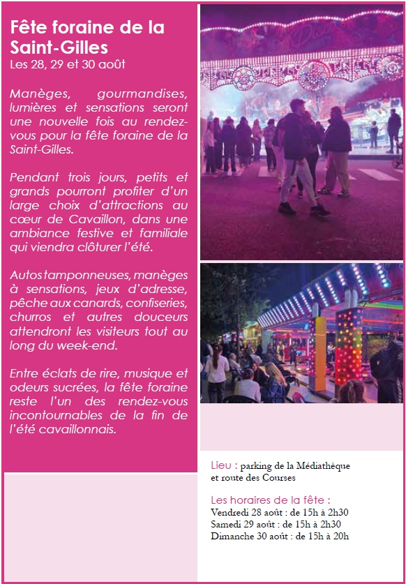Fête foraine de la Saint-Gilles à Cavaillon Affiche de la Fête foraine de la Saint-Gilles à Cavaillon avec manèges et attractions