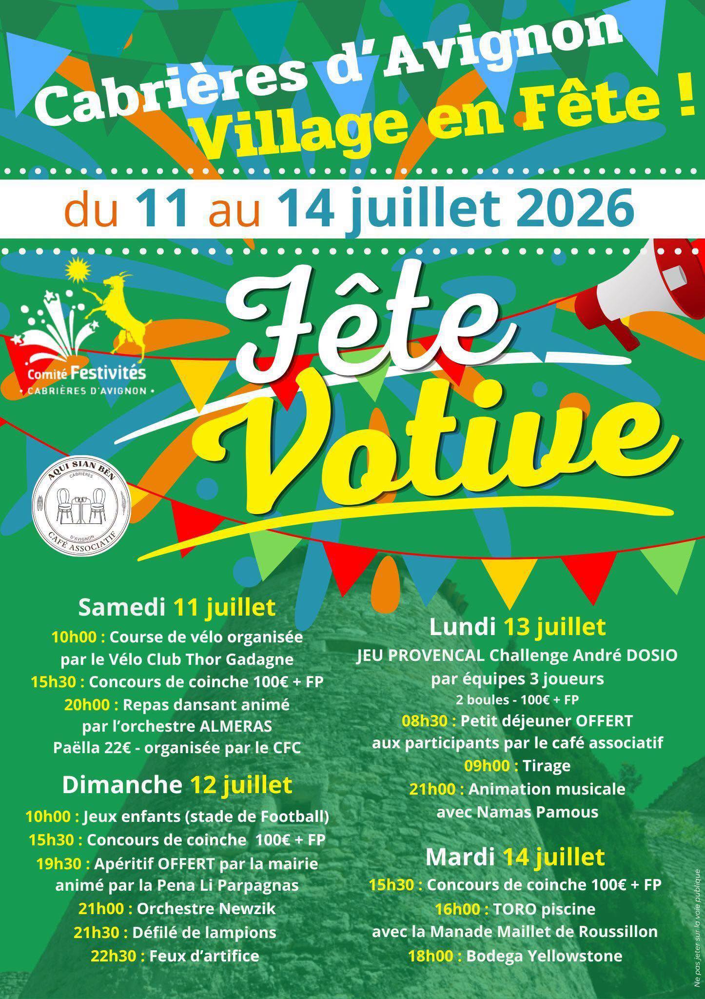 Fête votive à Cabrières-d’Avignon Affiche de la Fête votive à Cabrières-d’Avignon du 11 au 14 juillet 2026