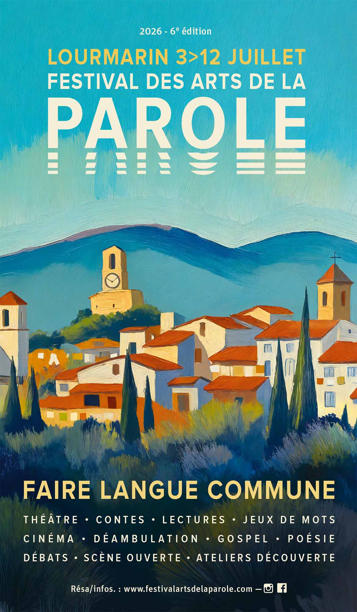 Affiche du Festival des Arts de la Parole 2026 à Lourmarin sur le thème Faire langue commune