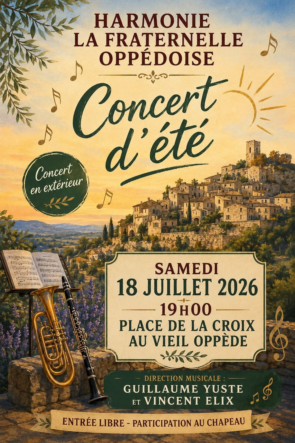 Affiche du concert d’été de l’Harmonie La Fraternelle Oppédoise au Vieil Oppède