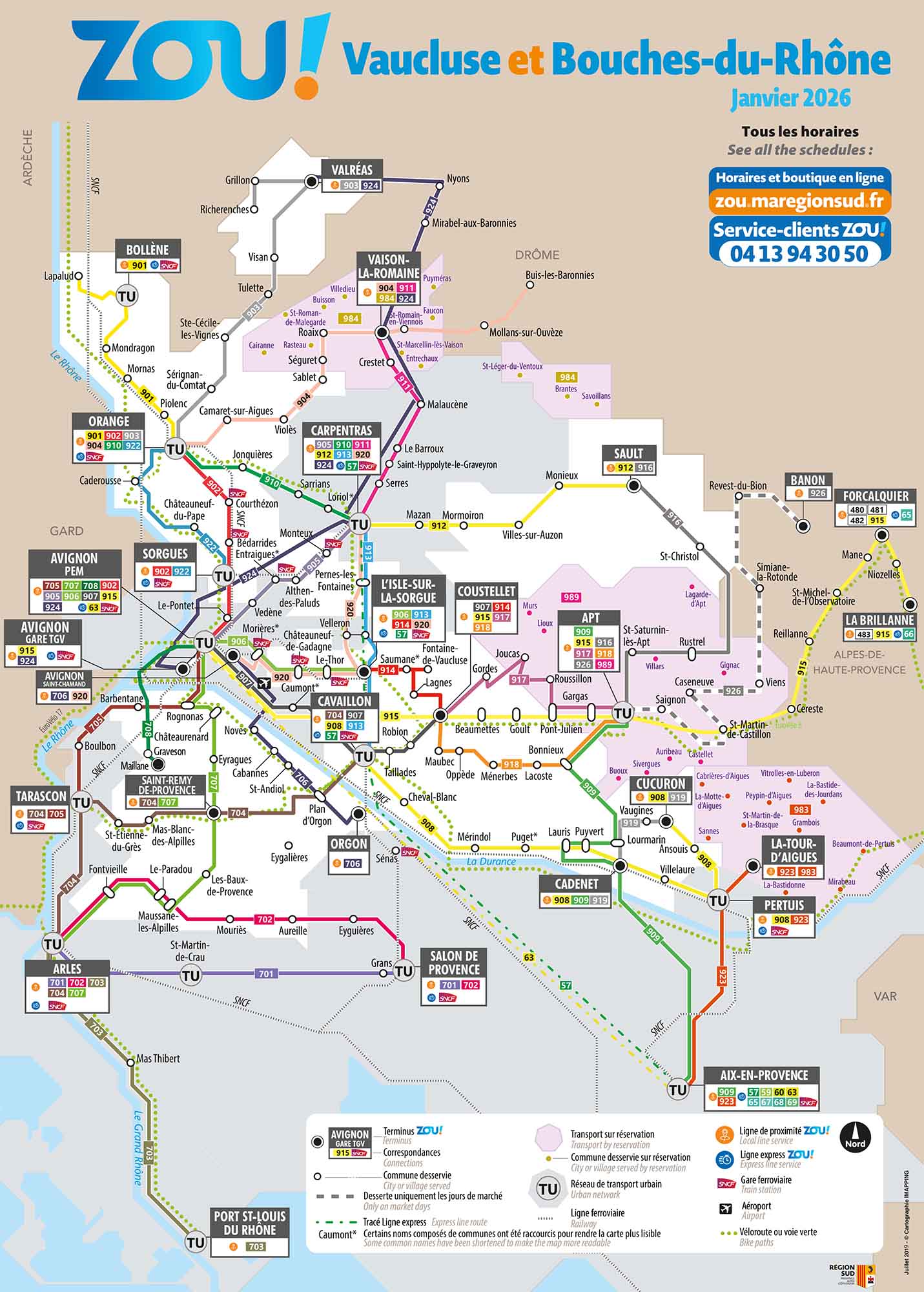 Carte schématique des lignes de bus Zou! dans le Vaucluse et les Bouches-du-Rhône - Janvier 2026