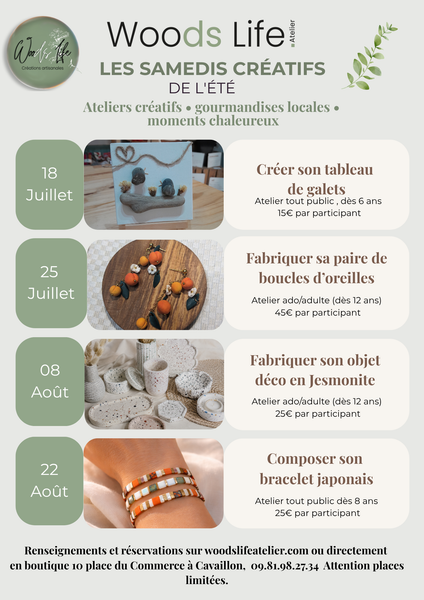 Programme des ateliers créatifs de Woods Life Atelier pour enfants, adolescents et adultes