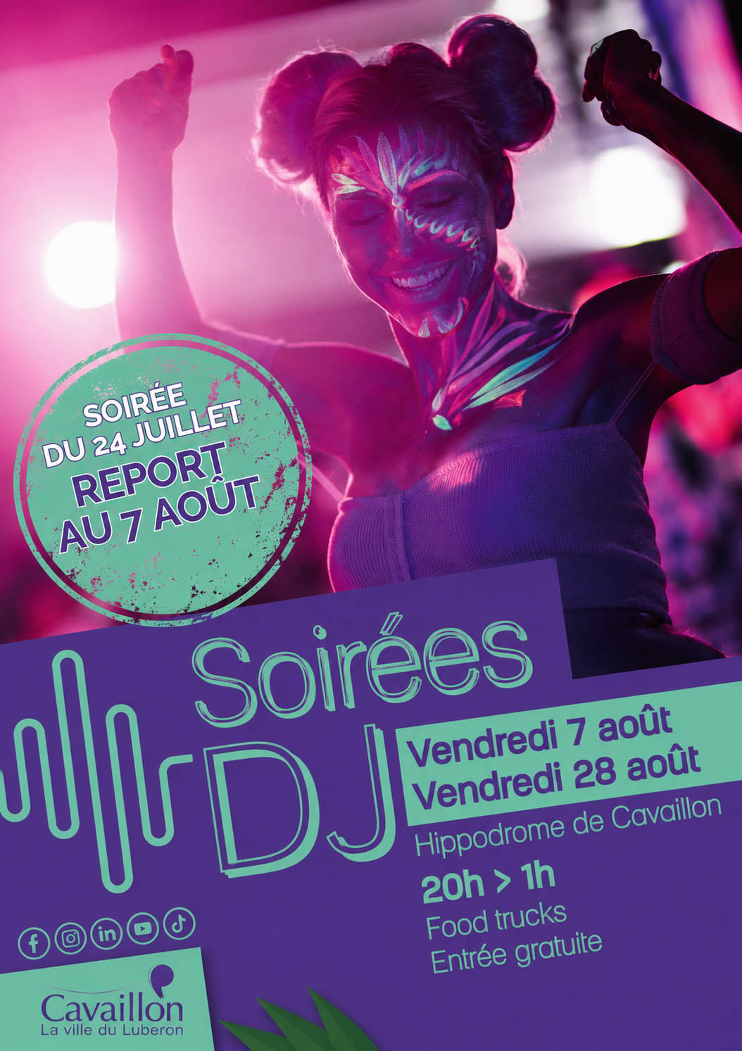 Affiche des Soirées DJ à l’hippodrome de Cavaillon avec musique électro et animations visuelles