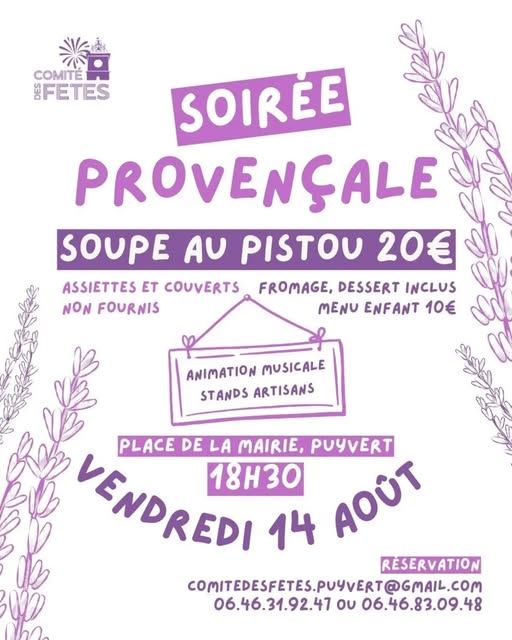 Soirée provençale à Puyvert Affiche de la soirée provençale à Puyvert avec soupe au pistou, animation musicale et stands artisans