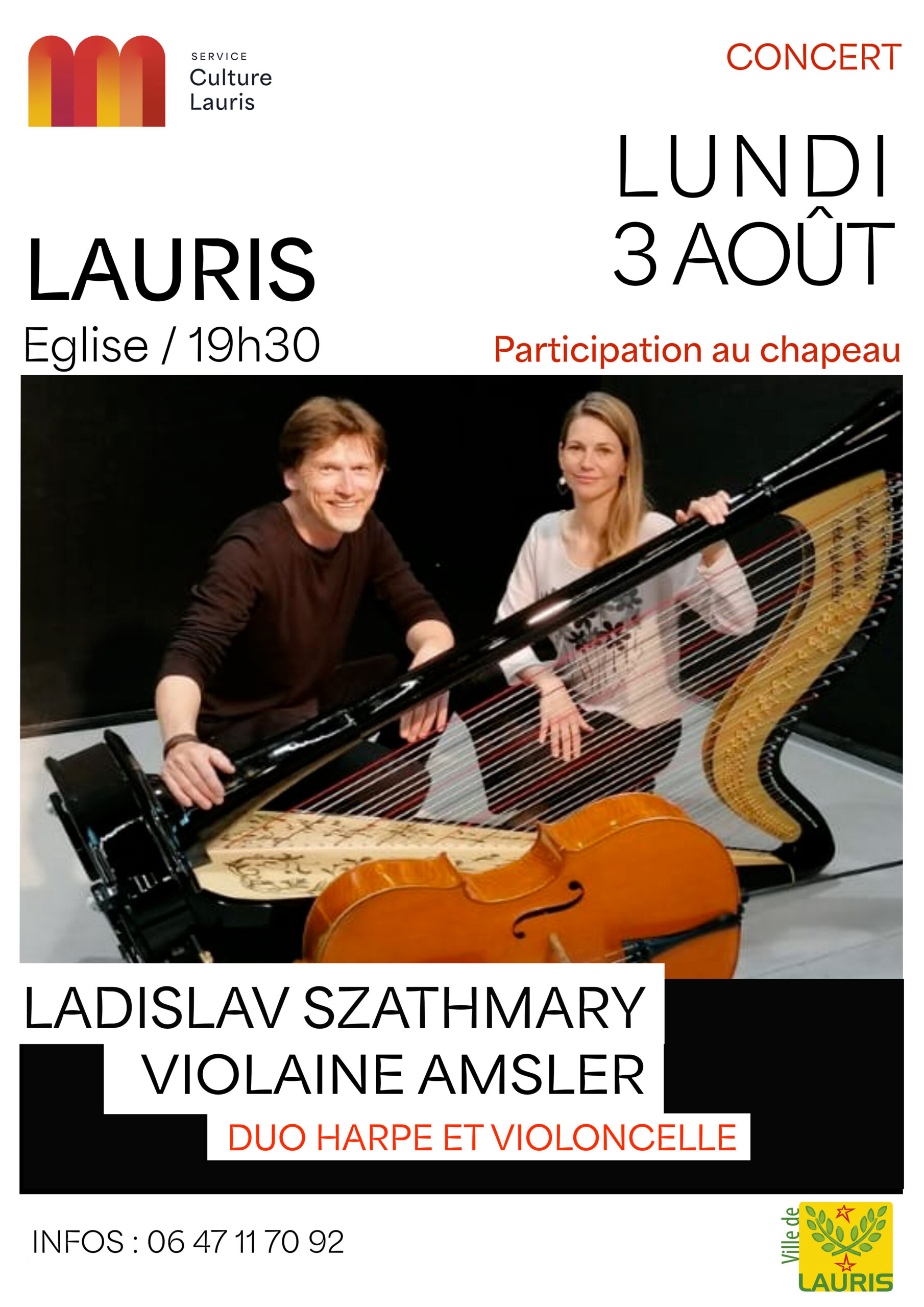 Concert duo harpe et violoncelle à Lauris Concert duo harpe et violoncelle à Lauris avec Ladislav Szathmary et Violaine Amsler