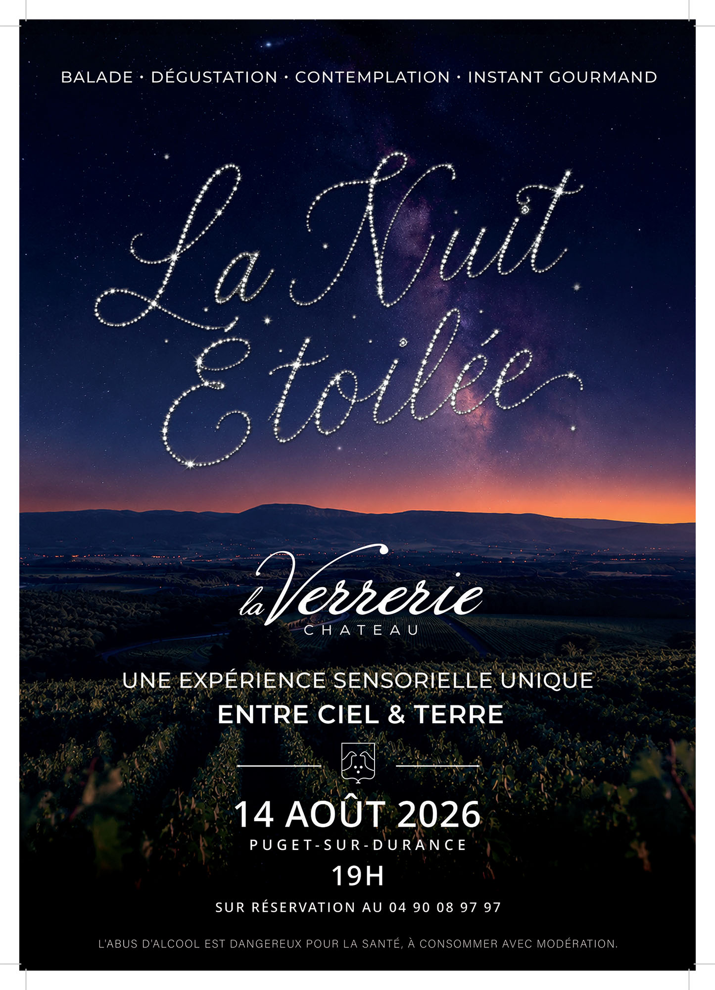 La Nuit Étoilée au Château La Verrerie La Nuit Étoilée au Château La Verrerie à Puget avec balade, vin, ciel d’été et instant gourmand