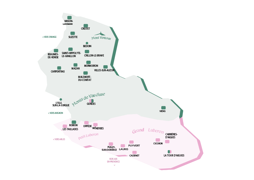 Carte des destinations Vignobles en Scène autour du Ventoux et dans le Luberon