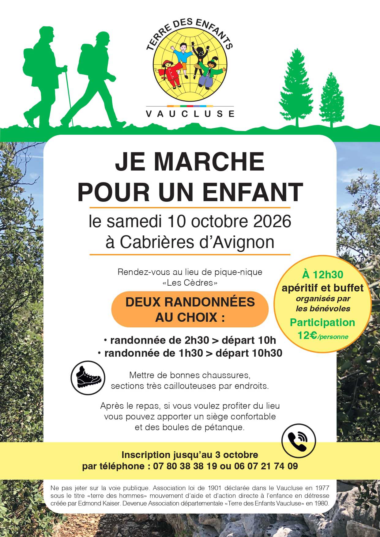Je marche pour un enfant à Cabrières-d’Avignon Affiche de la randonnée solidaire Je marche pour un enfant dans la Forêt des Cèdres à Cabrières-d’Avignon