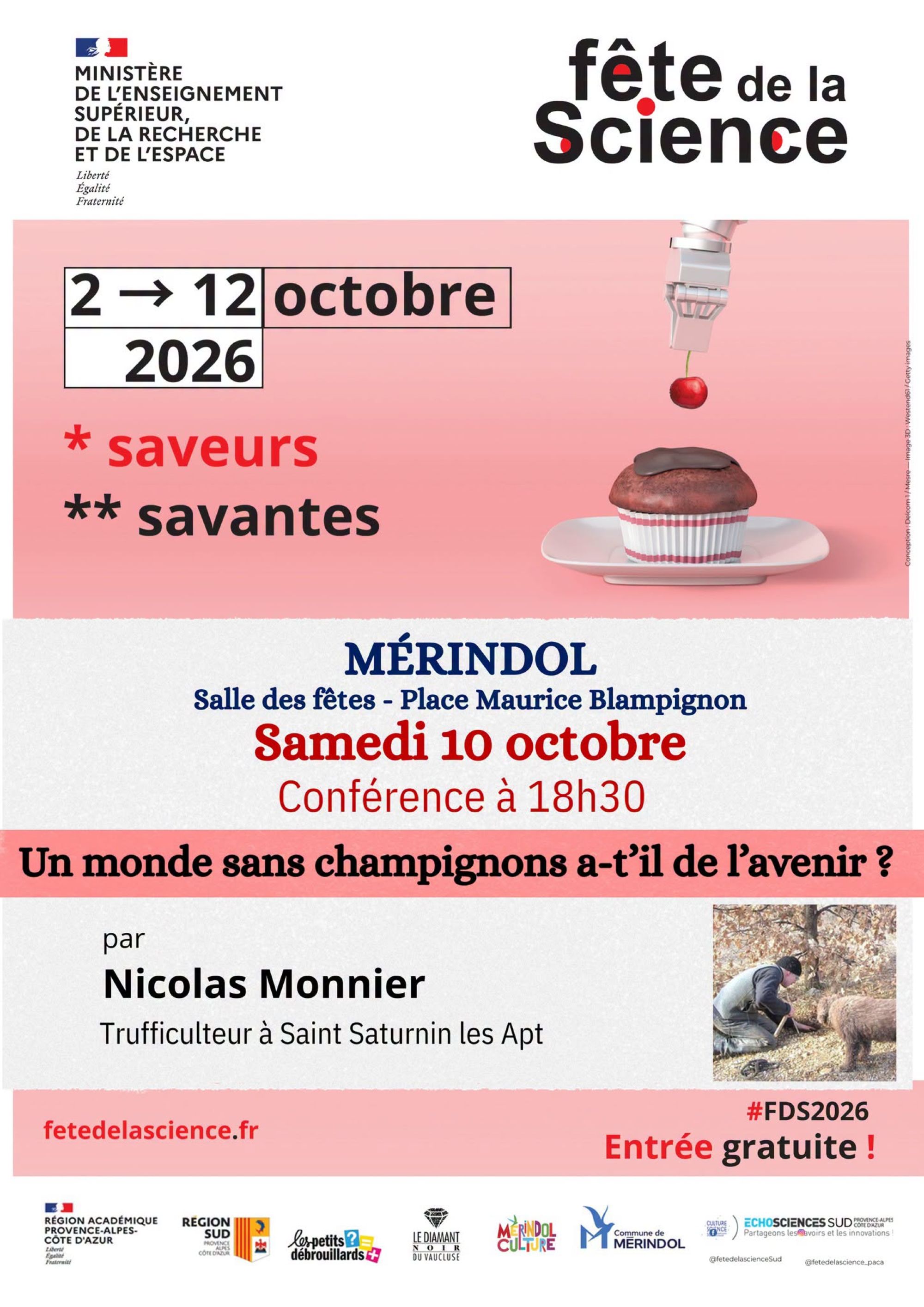 Fête de la Science 2026 à Mérindol - Conférence sur les champignons Affiche de la Fête de la Science 2026 à Mérindol consacrée aux champignons