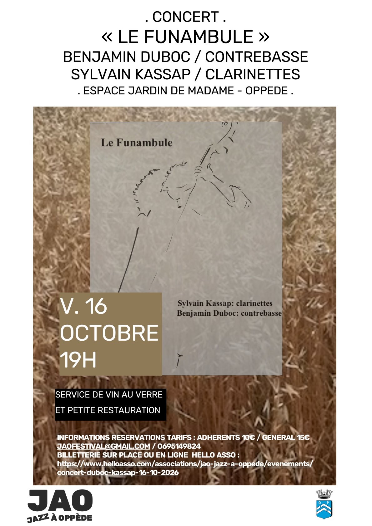 Le Funambule, concert de jazz à Oppède Affiche du concert Le Funambule avec Sylvain Kassap et Benjamin Duboc à Oppède