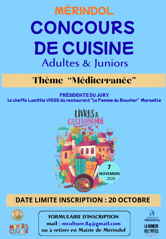 Concours de cuisine à Mérindol 2026 Affiche du concours de cuisine adultes et juniors à Mérindol sur le thème de la Méditerranée