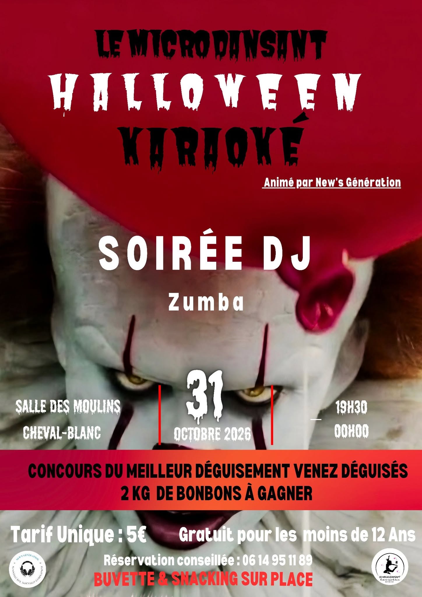 Affiche de la grande soirée Halloween à Cheval-Blanc avec karaoké, Zumba Party et soirée DJ