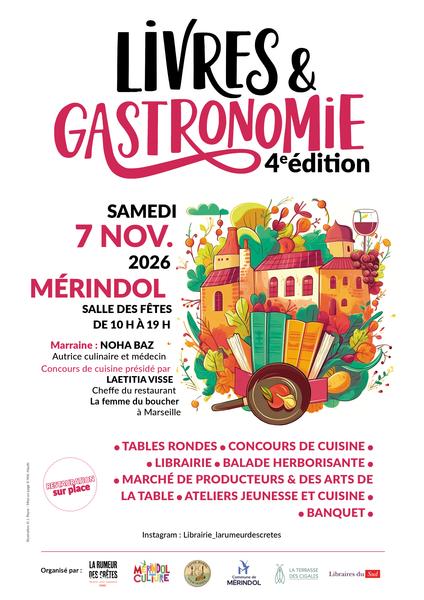 Salon Livres & Gastronomie 2026 à Mérindol Affiche de la 4e édition du salon Livres et Gastronomie à Mérindol