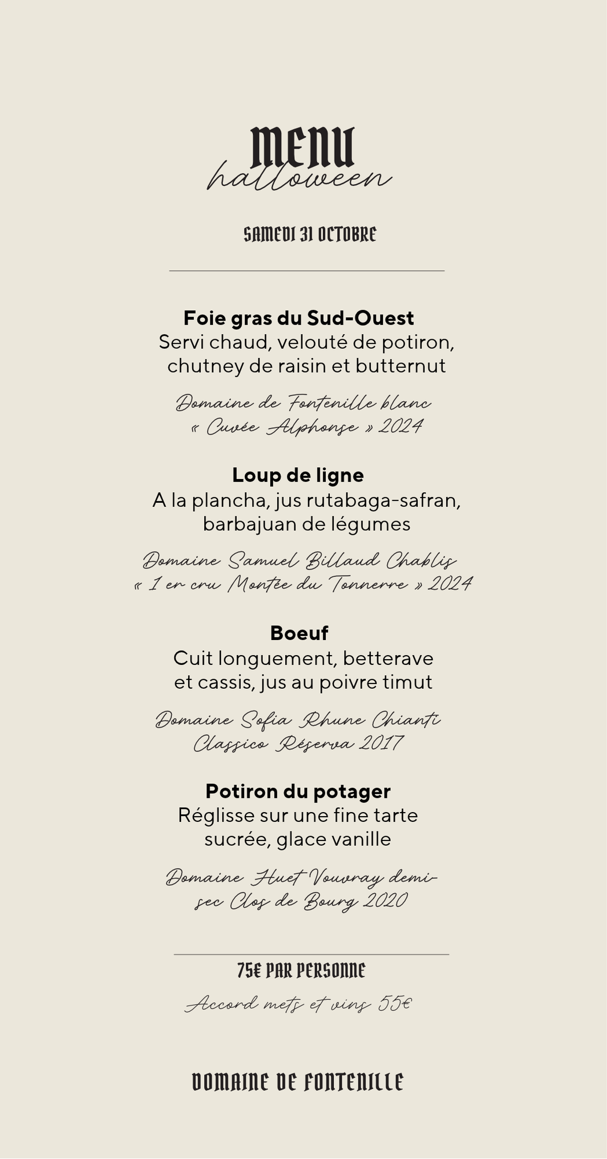 Menu du dîner Halloween au Domaine de Fontenille à Lauris Menu du dîner Halloween proposé au Domaine de Fontenille à Lauris